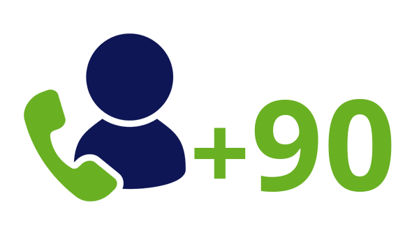 Landnummer Turkije +90 - donkerblauw pictogram persoon - groene telefoon - groen landnummer - op transparante achtergrond - 600 * 337 pixels 